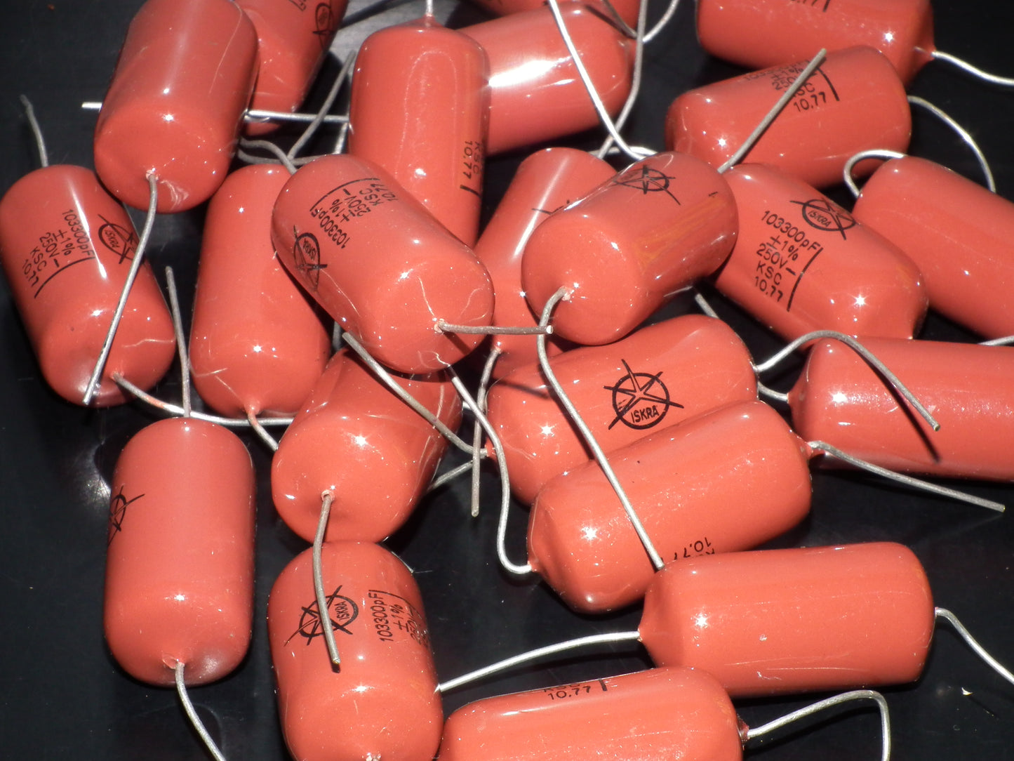 Two (2) Vintage ISKRA Polystyrene Styroflex KS Capacitors 0.1u 103nF 250V 1% 70s