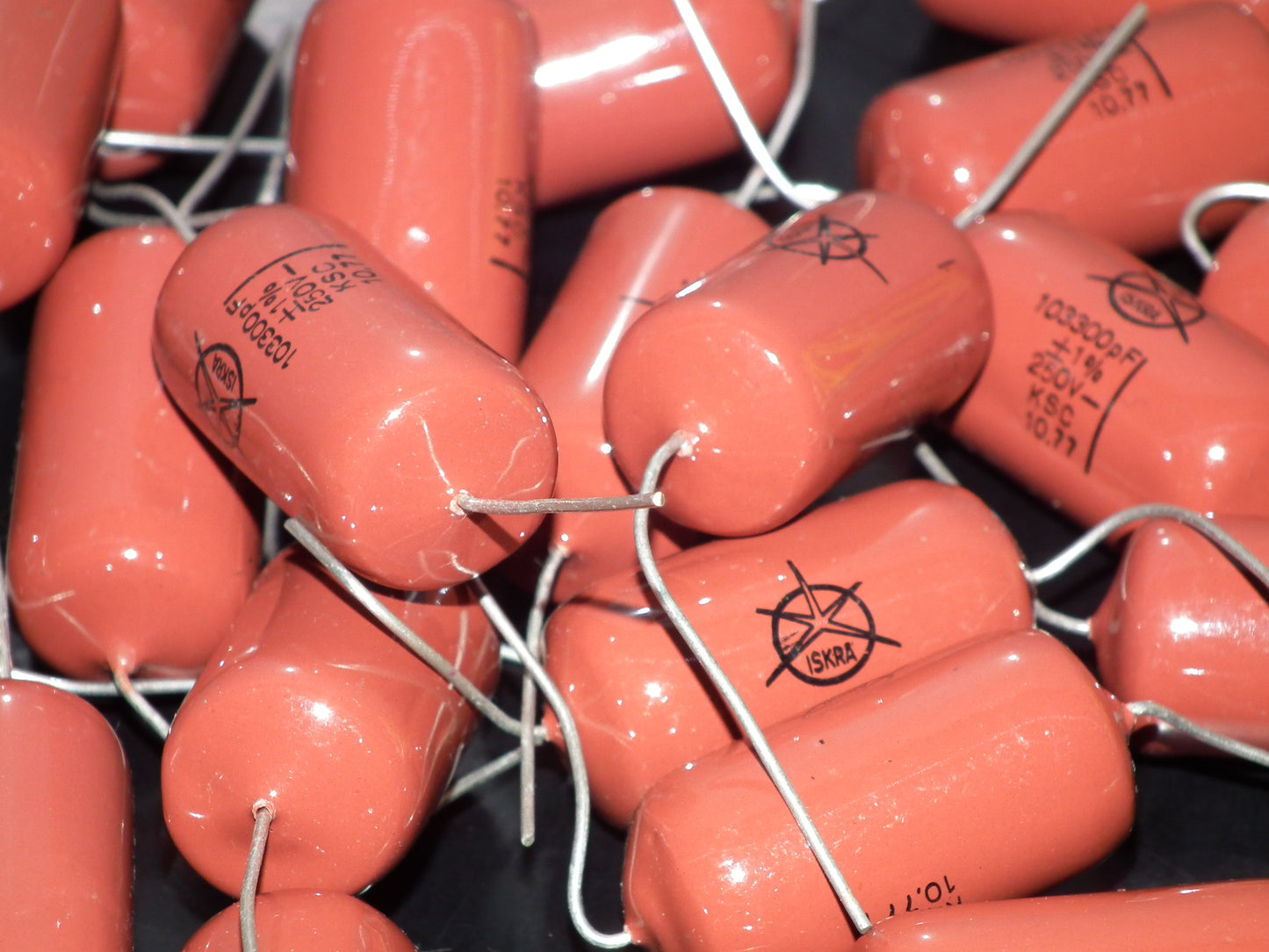 Two (2) Vintage ISKRA Polystyrene Styroflex KS Capacitors 0.1u 103nF 250V 1% 70s