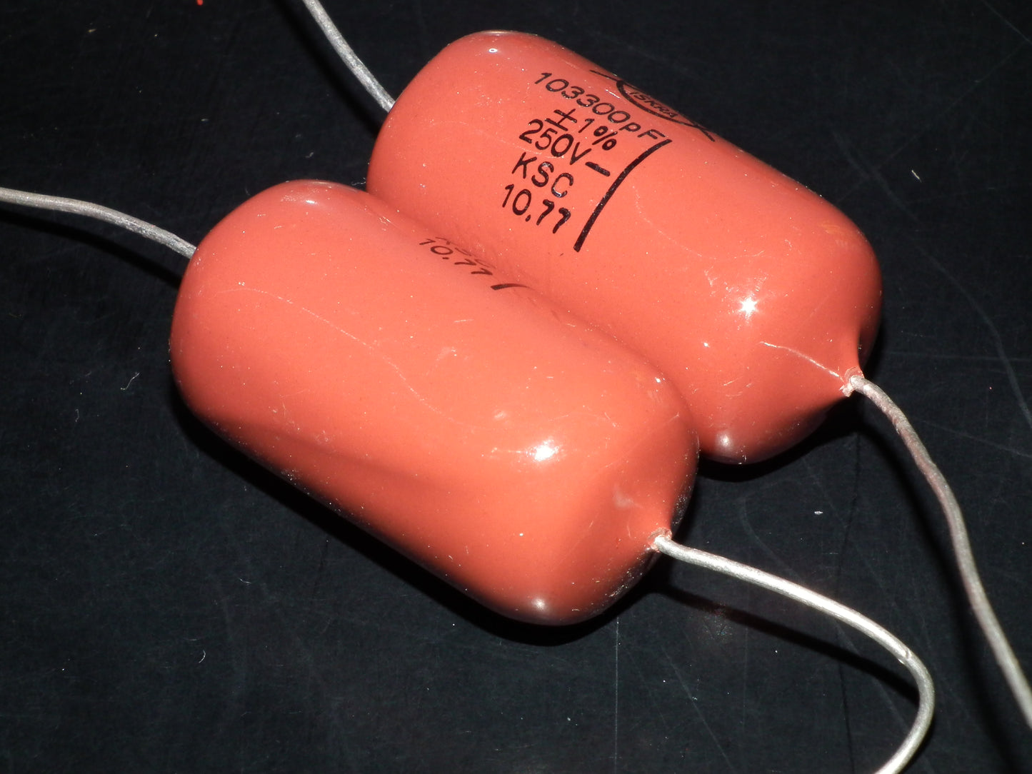Two (2) Vintage ISKRA Polystyrene Styroflex KS Capacitors 0.1u 103nF 250V 1% 70s