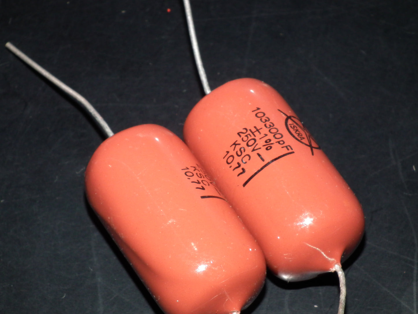Two (2) Vintage ISKRA Polystyrene Styroflex KS Capacitors 0.1u 103nF 250V 1% 70s