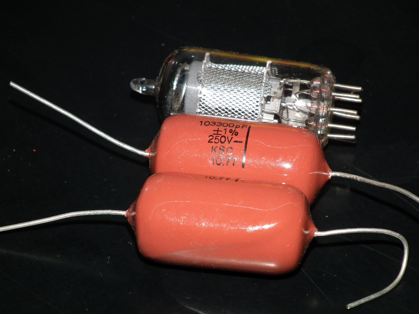 Two (2) Vintage ISKRA Polystyrene Styroflex KS Capacitors 0.1u 103nF 250V 1% 70s