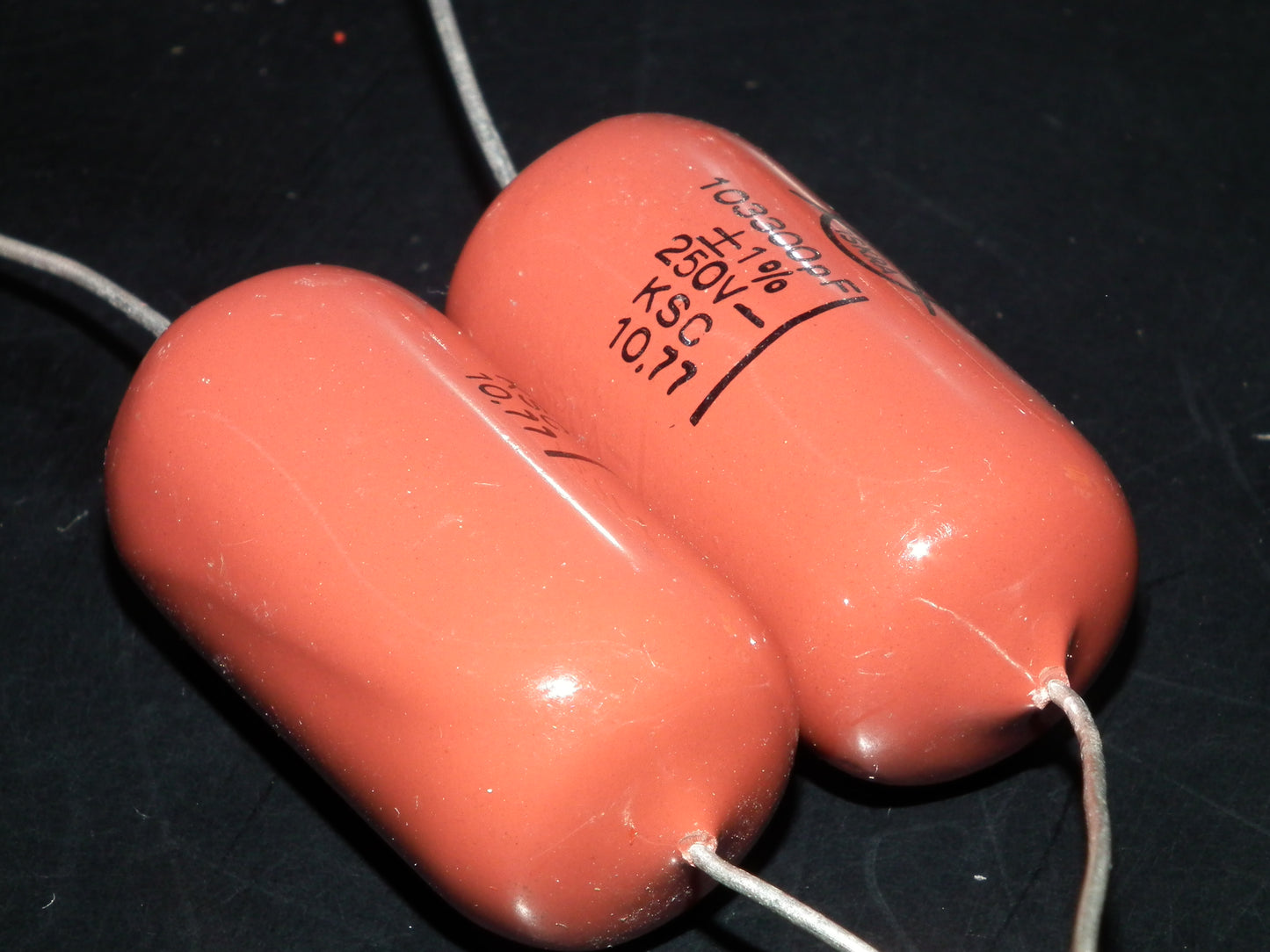 Two (2) Vintage ISKRA Polystyrene Styroflex KS Capacitors 0.1u 103nF 250V 1% 70s