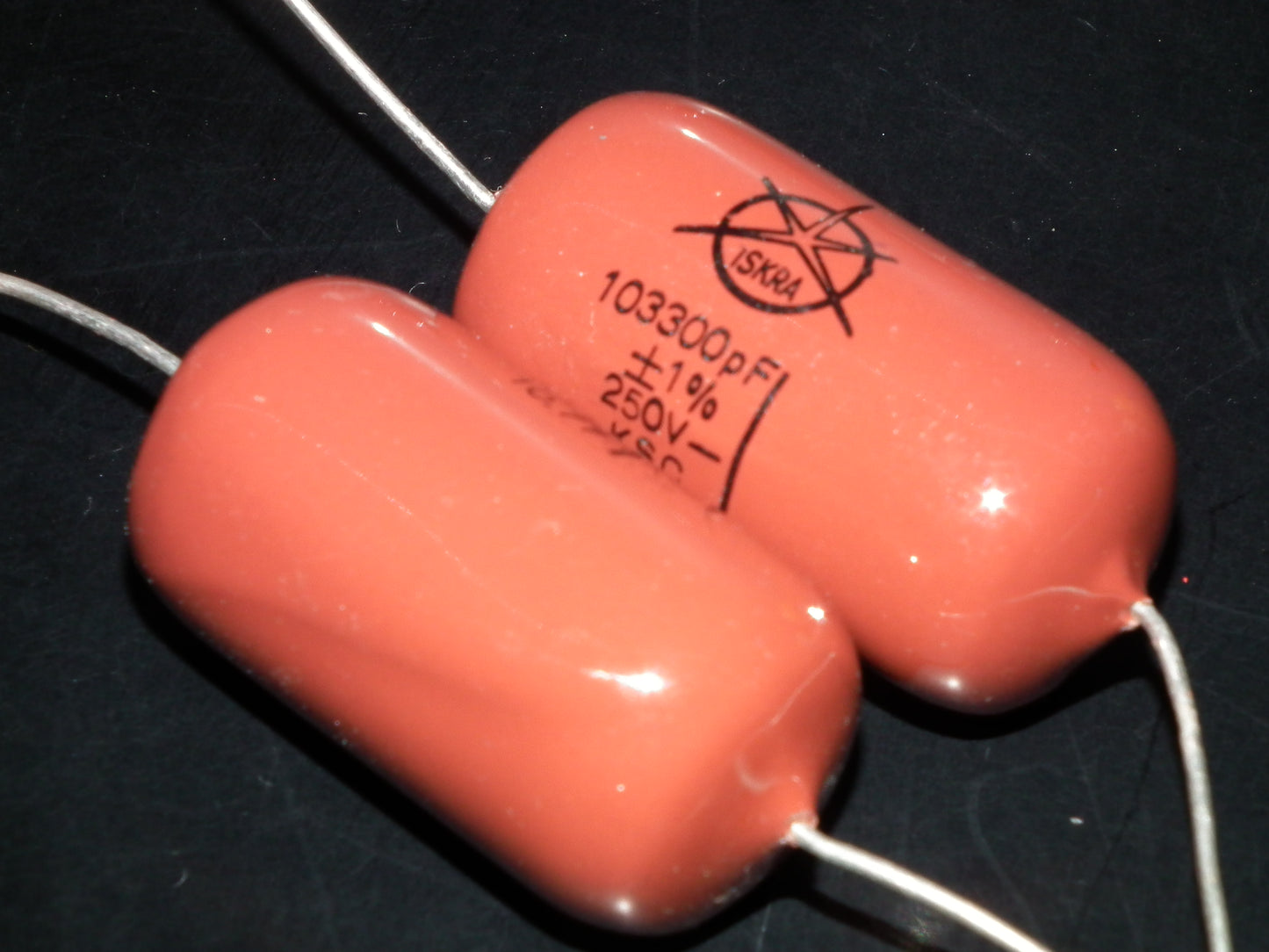Two (2) Vintage ISKRA Polystyrene Styroflex KS Capacitors 0.1u 103nF 250V 1% 70s