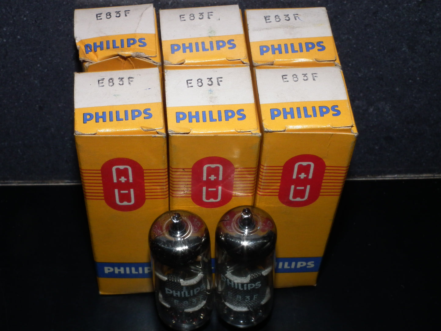 E83F Philips Matched Pair NOS NIB Heerlen 1961 Big round getter LOW Noise