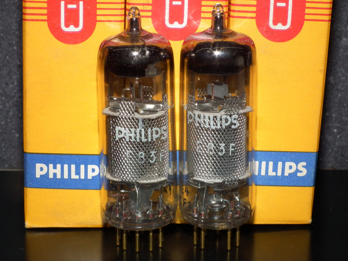 E83F Philips Matched Pair NOS NIB Heerlen 1961 Big round getter LOW Noise