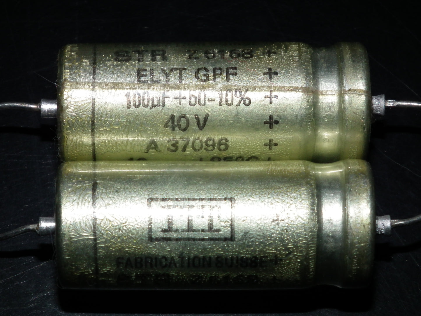 Two (2 pcs) Vintage NOS Capacitors ITT 100uF 40V SWISS MADE