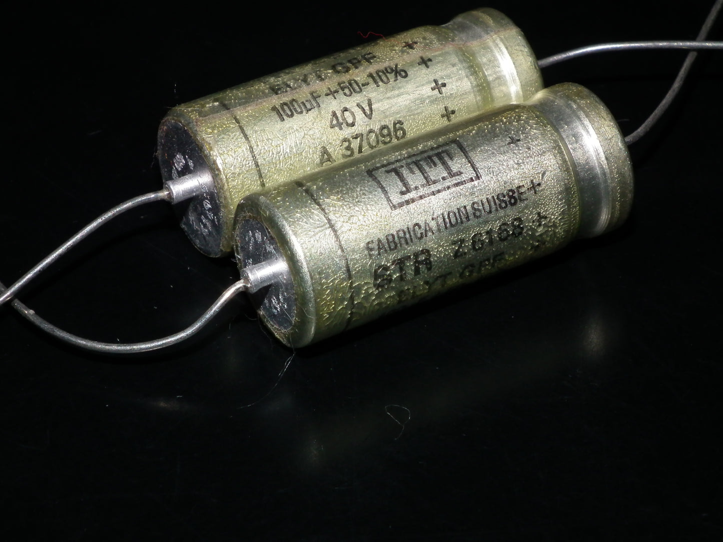 Two (2 pcs) Vintage NOS Capacitors ITT 100uF 40V SWISS MADE