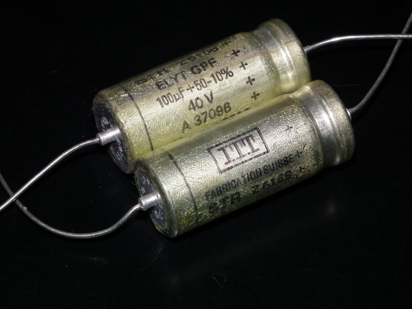 Two (2 pcs) Vintage NOS Capacitors ITT 100uF 40V SWISS MADE