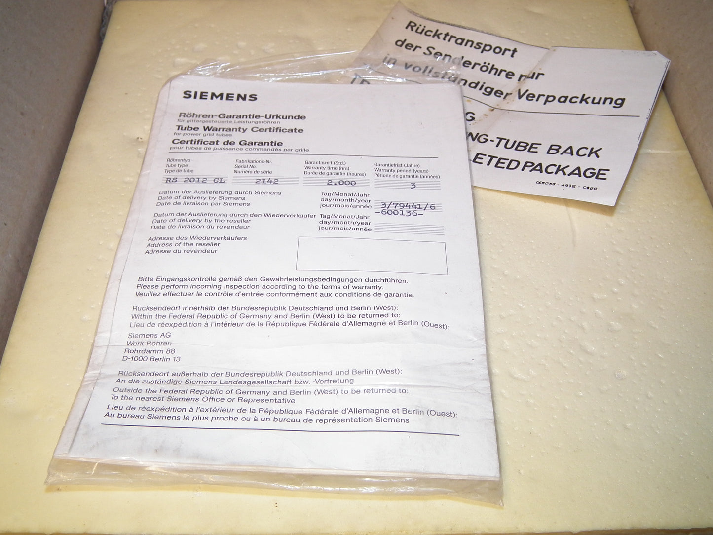 RS2012CL Siemens 10KW Metal Ceramic Power Tetrode 110 MHz