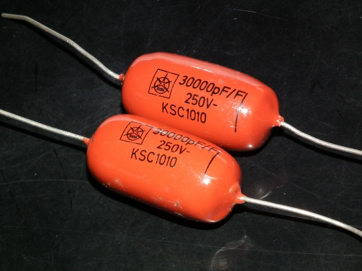 Two polystyrene capacitors 30000pF 0.03uF 250V ISKRA SIEMENS 1974 HI End Tube