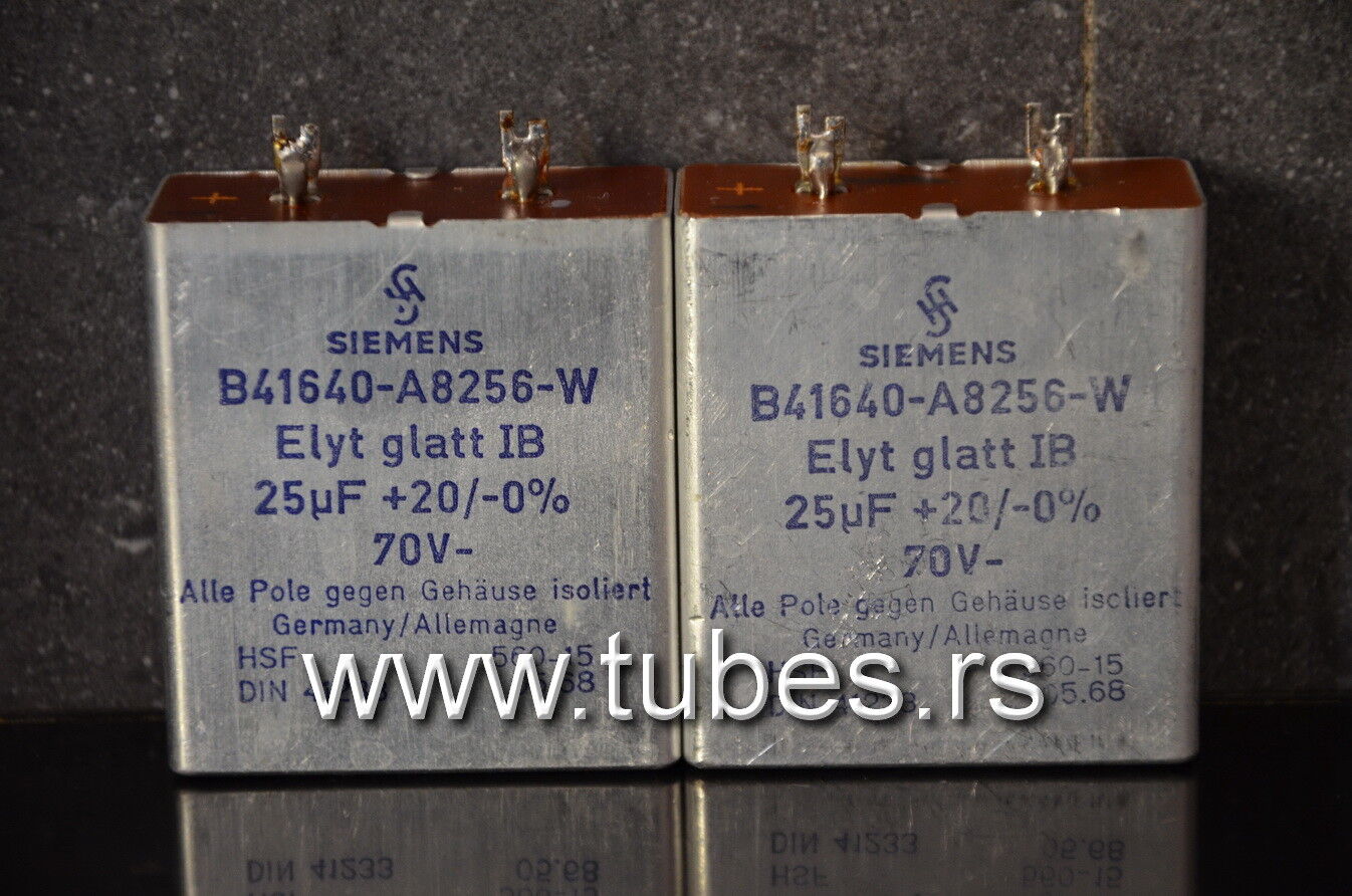 Two vintage Siemens electrolytic capacitors 25uF / 70V Klangfilm "Elyt glatt IB