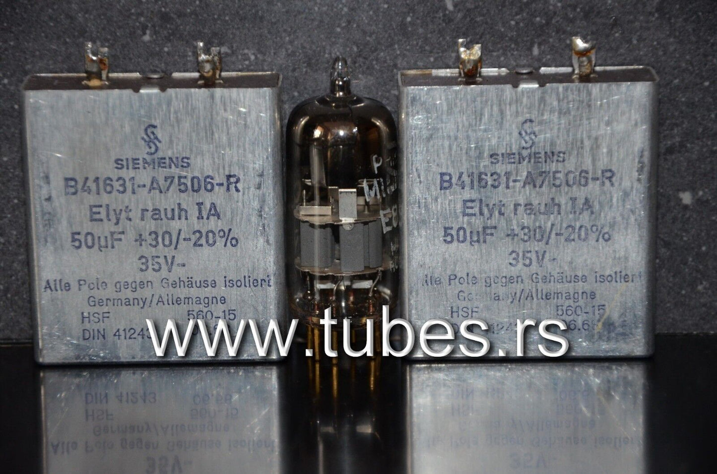 Two vintage Siemens electrolytic capacitors 50uF / 35V Klangfilm, West Germany