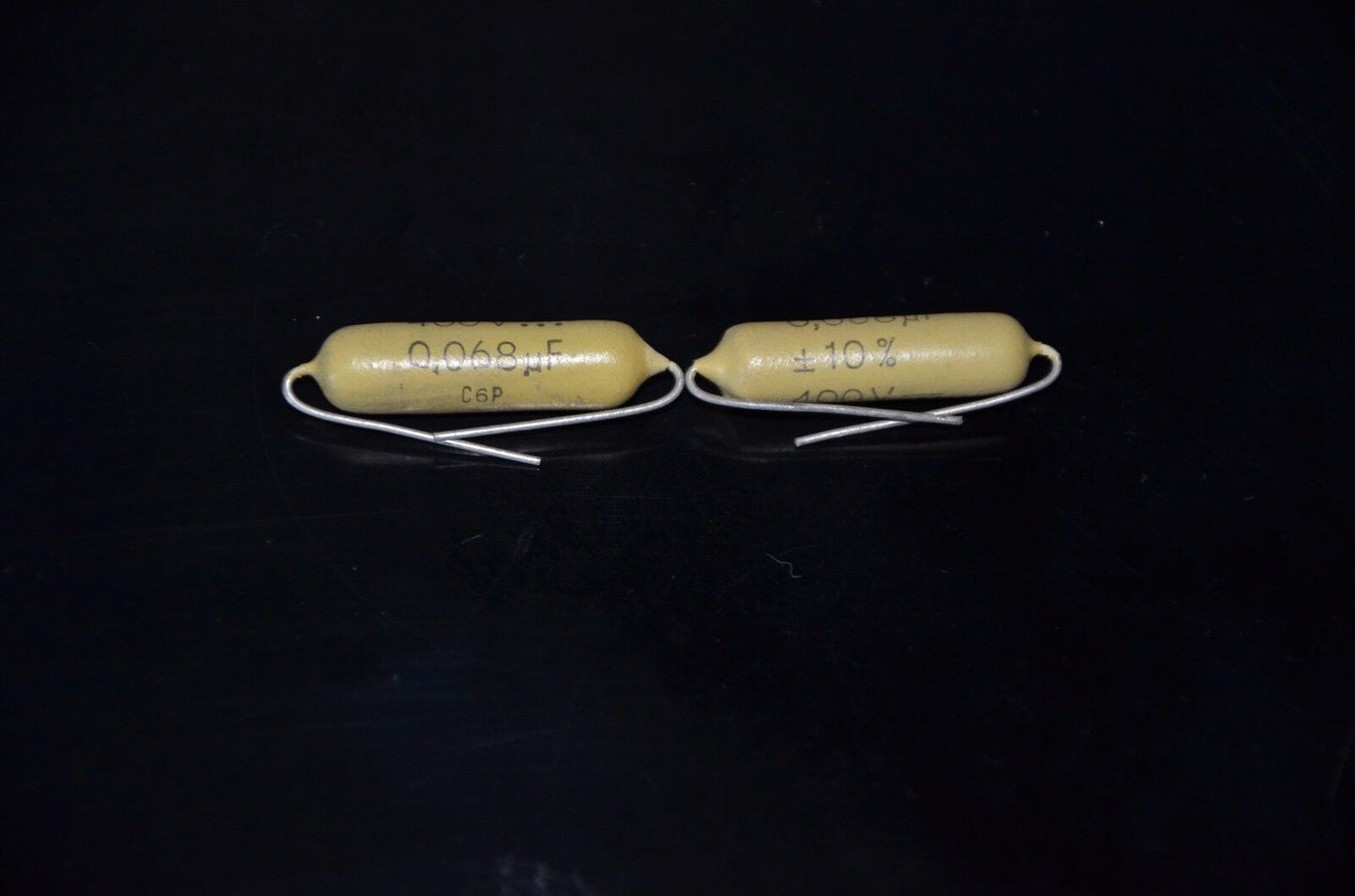 Two vintage Mullard Mustard Philips Capacitors 0.068mfd / 400V Marshall,Fender