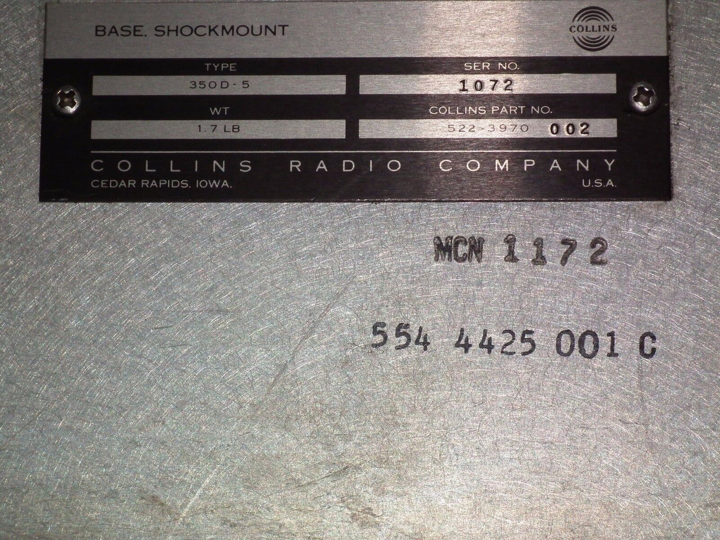 COLLINS 51S-1 - SHOCKMOUNT BASE 350D-5 - collins part no. 522-3970-002