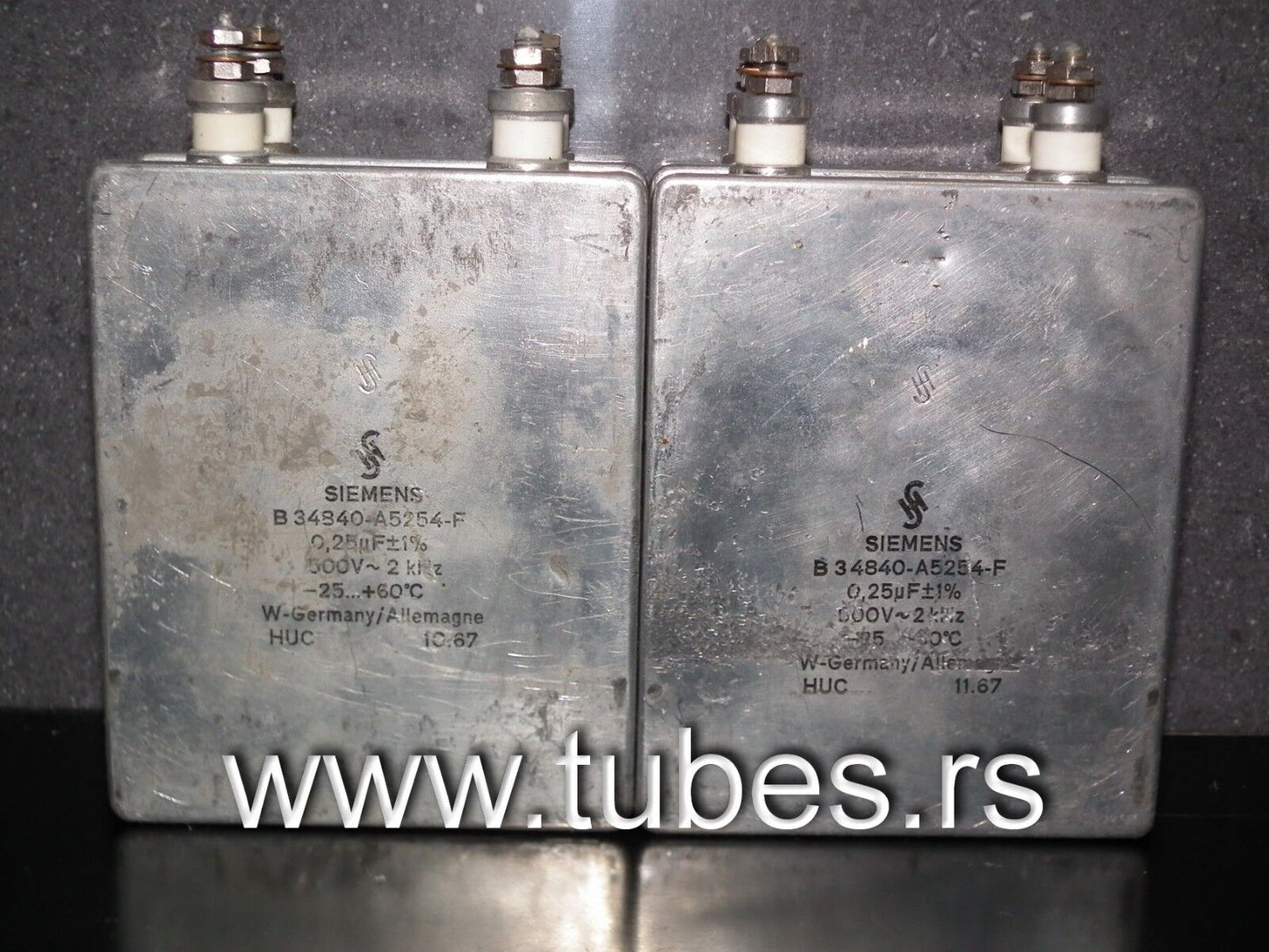 Two vintage Siemens PIO capacitors 0.25uF 500V~ Made in Germany in 1967