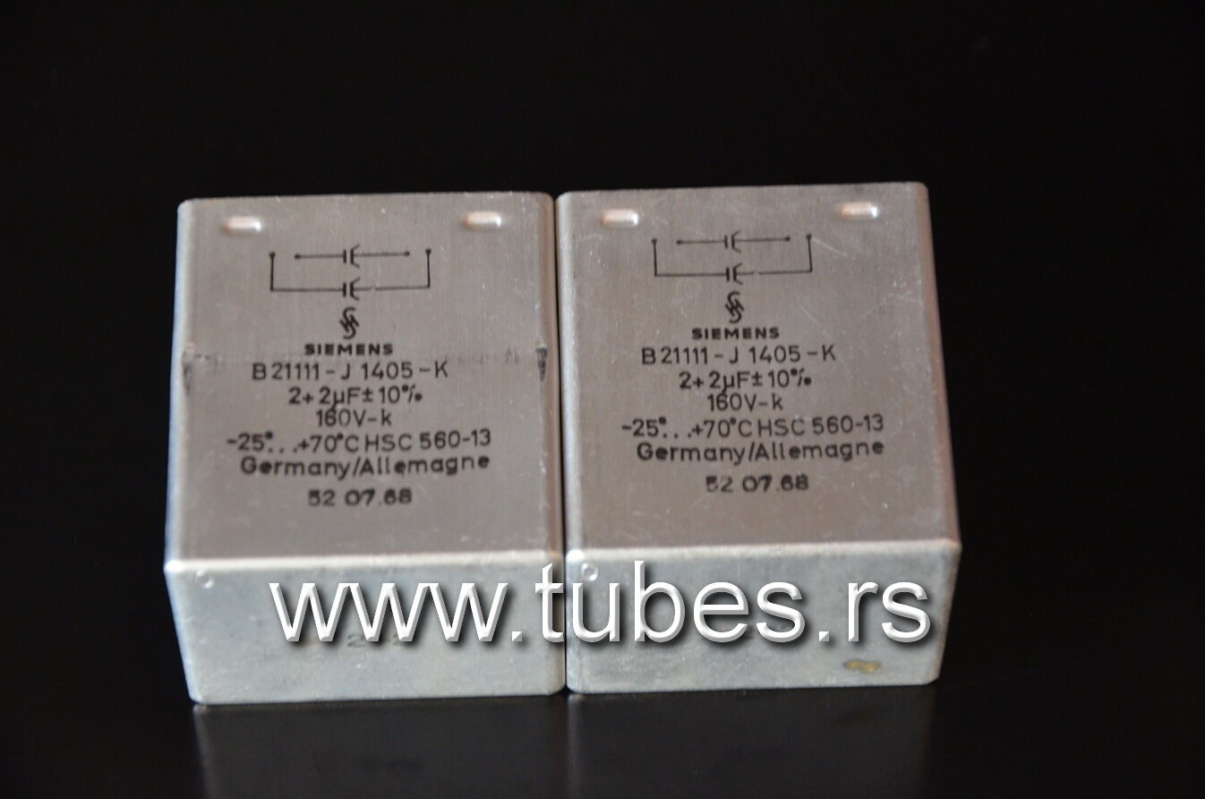 Two vintage Siemens PIO capacitors 2 + 2 uF 160V Klangfilm late 60s West Germany