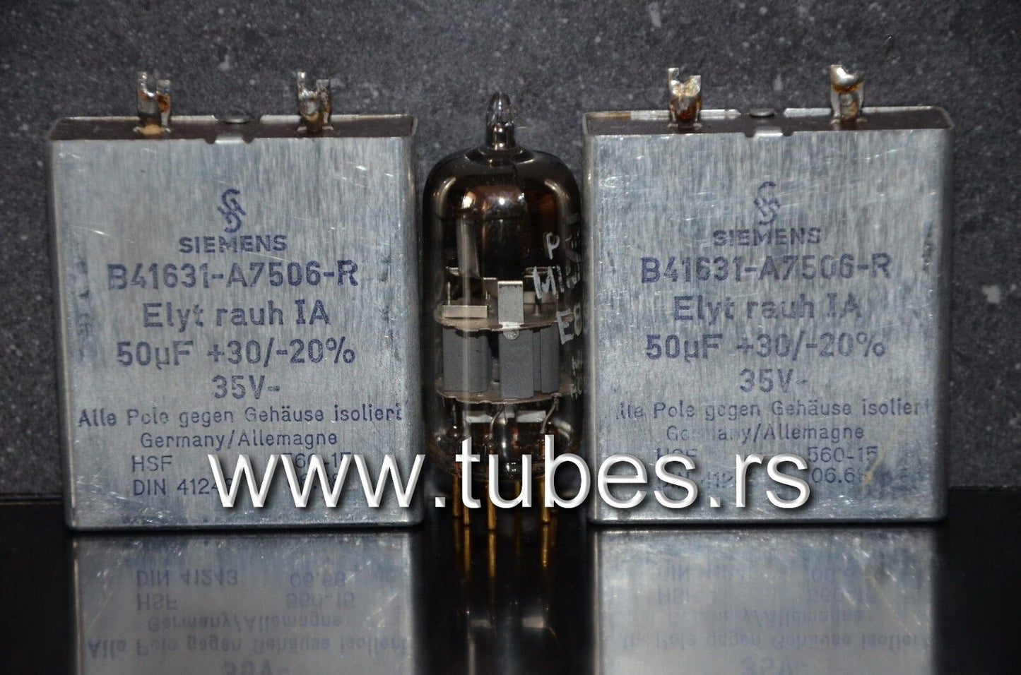 Two vintage Siemens electrolytic capacitors 50uF / 35V Klangfilm, West Germany