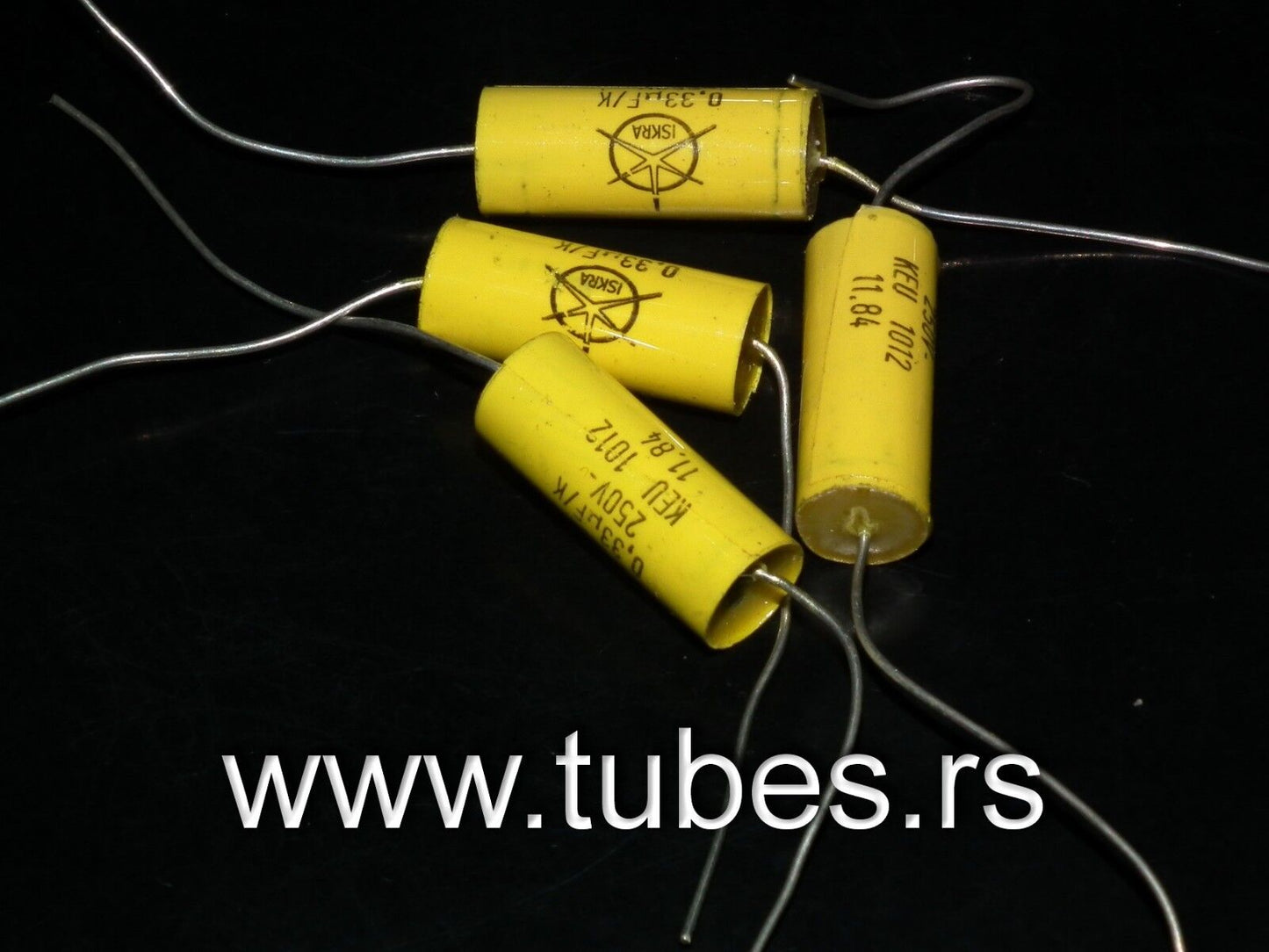 Four vintage ISKRA KEU capacitors 330nF 250V NOS Made in Yugoslavia in 1984