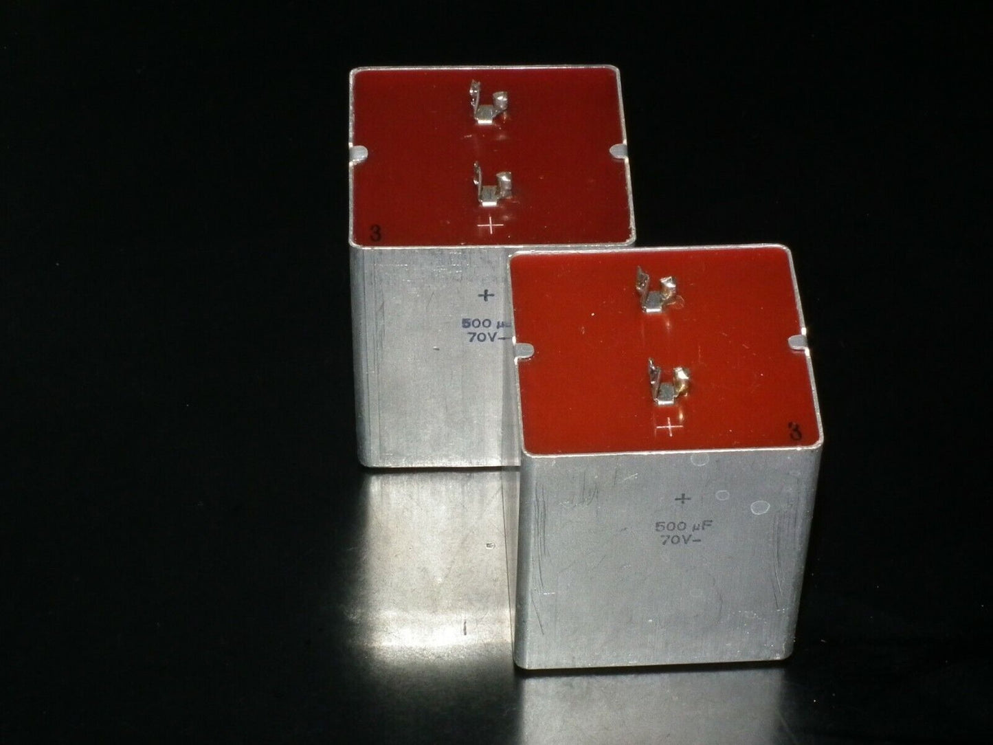 Two vintage Siemens electrolytic capacitors 500uF 70V Klangfilm, Germany 60s