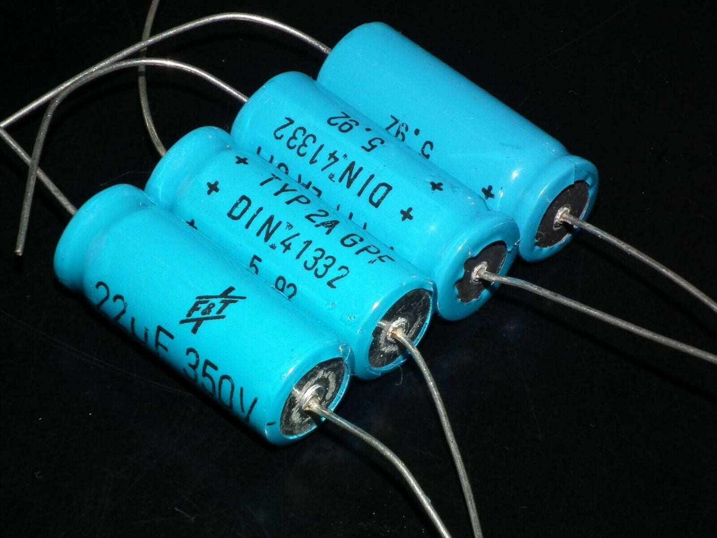 Two vintage NOS F&T electrolytic capacitors 22uF 350V Made in West Germany 70s