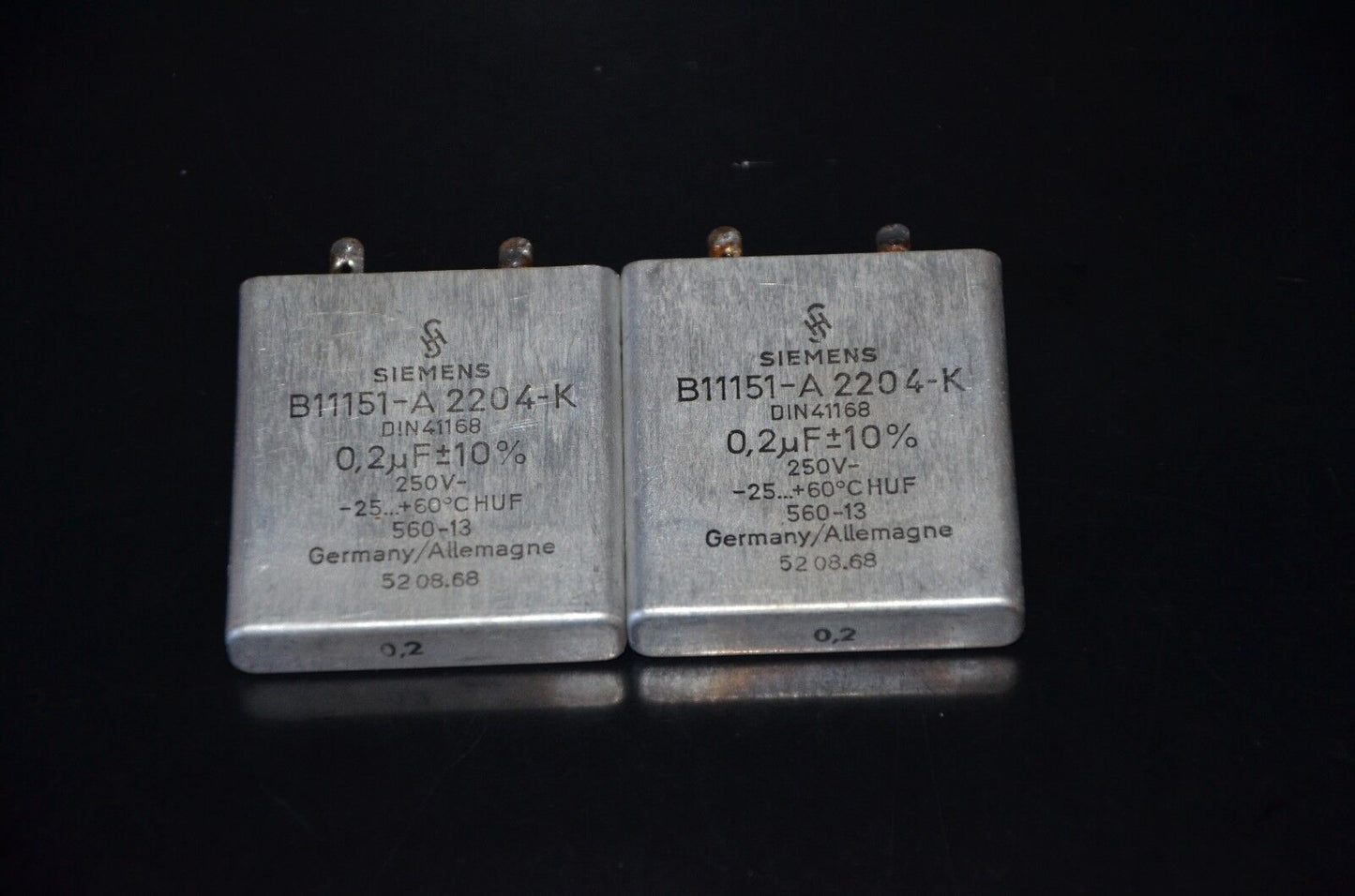 Two vintage Siemens Klangfilm PIO capacitors 0.2 uF / 250V for hi end tube audio