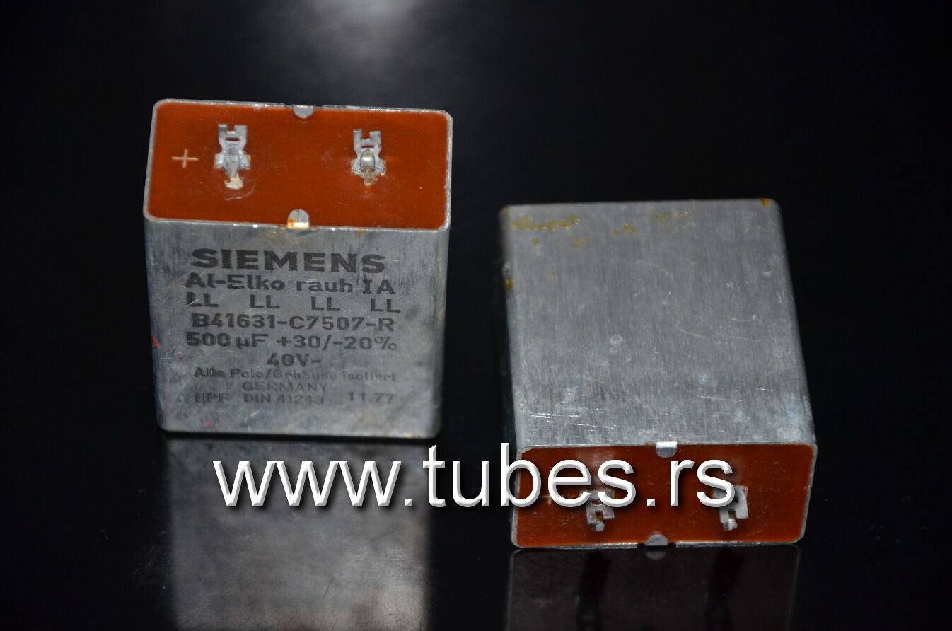 Two vintage Siemens electrolytic capacitors 500uF/35V Klangfilm Al-Elko rauh IA