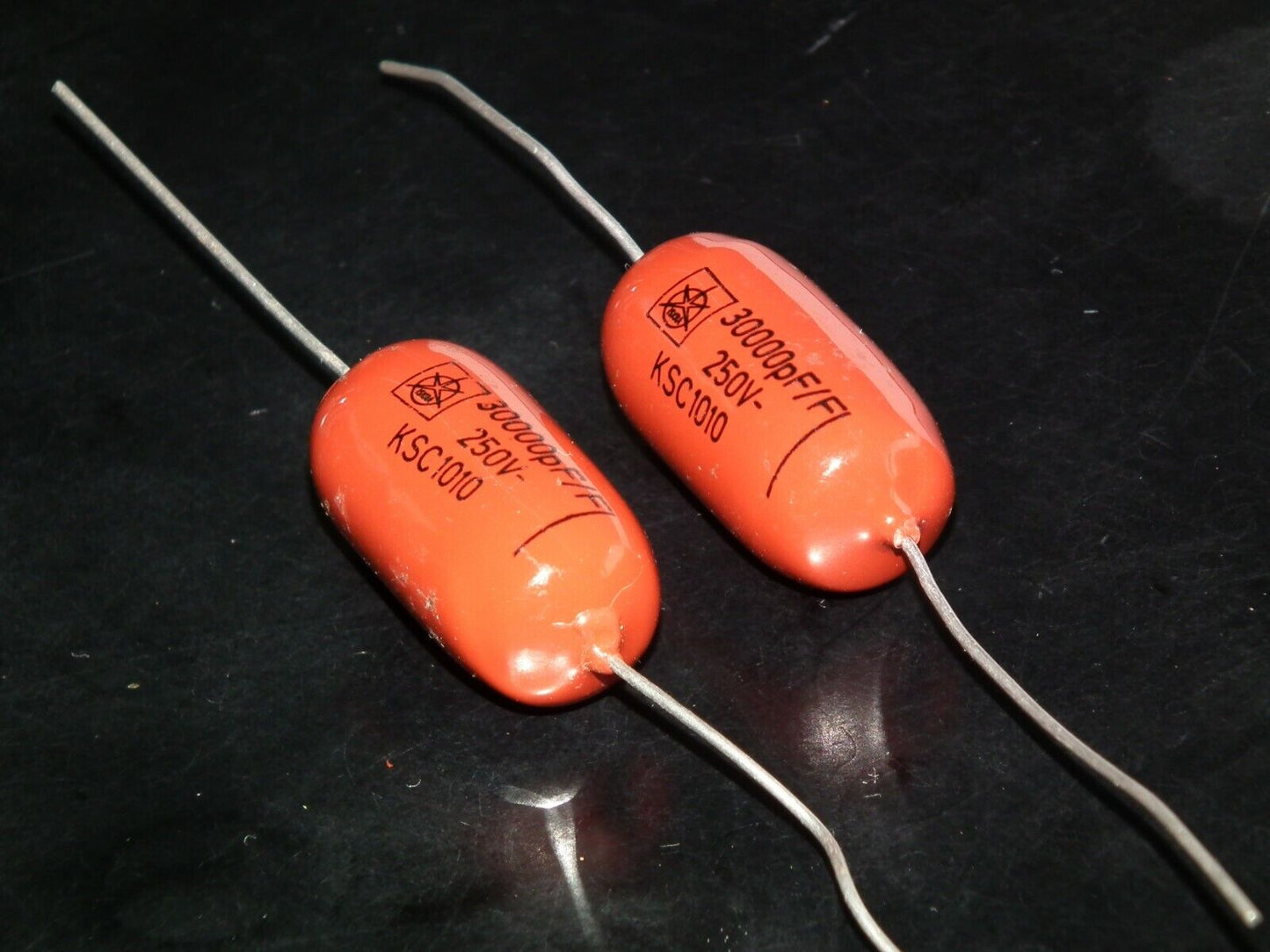 Two polystyrene capacitors 30000pF 0.03uF 250V ISKRA SIEMENS 1974 HI End Tube
