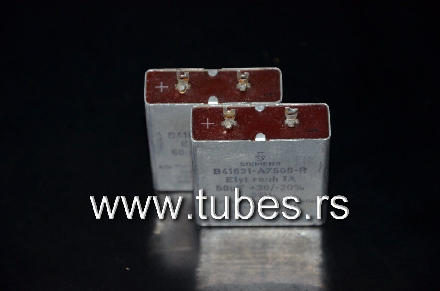 Two vintage Siemens electrolytic capacitors 50uF / 35V Klangfilm, West Germany