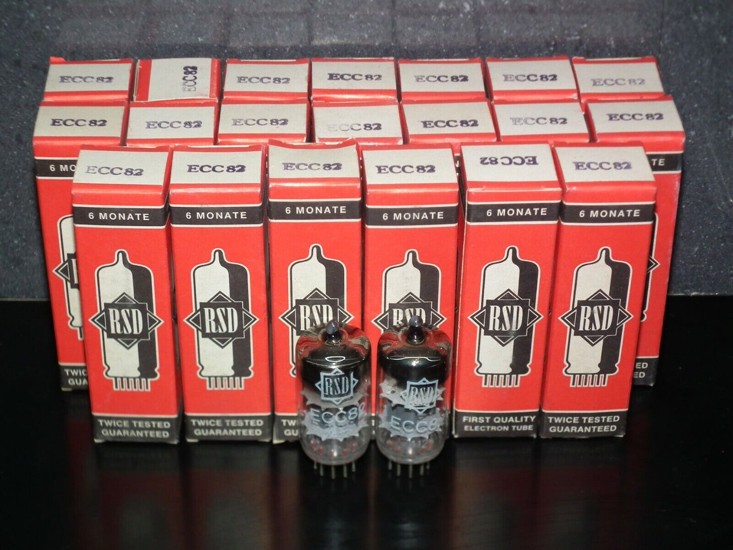 ECC82 12AU7 RFT rebranded RSD, NOS NIB Platinum Matched Pair, the same codes 70s