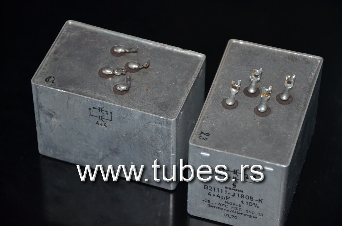 Two vintage Siemens PIO capacitors 4 + 4 uF / 160V Klangfilm from 60s-70s