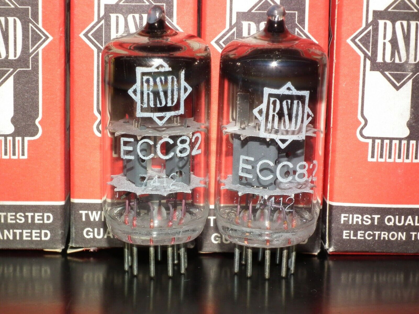 ECC82 12AU7 RFT rebranded RSD, NOS NIB Platinum Matched Pair, the same codes 70s