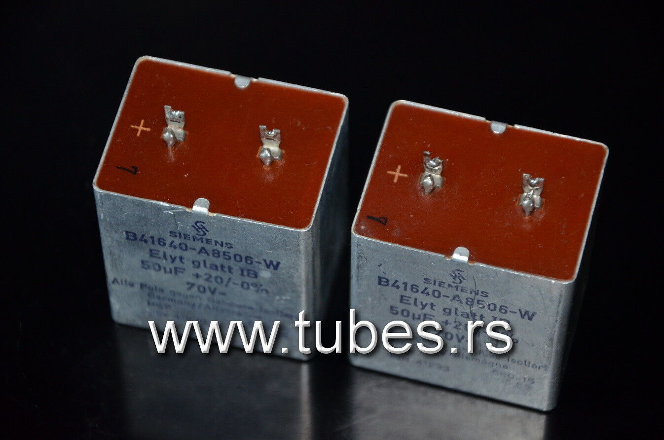 Two vintage Siemens electrolytic capacitors 50uF / 70V Klangfilm, Germany