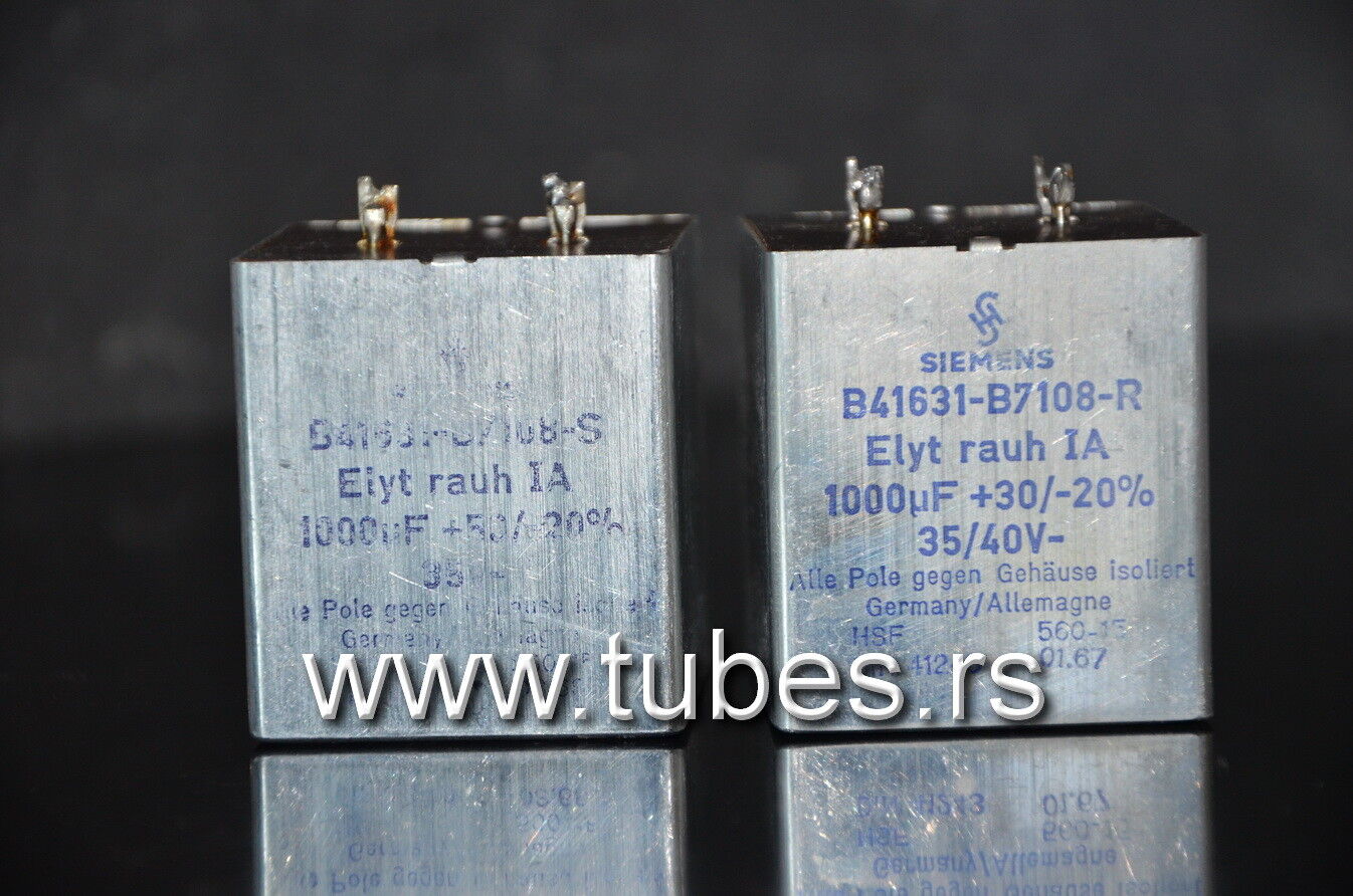Two vintage Siemens electrolytic capacitors 1000uF 35V Klangfilm, West Germany