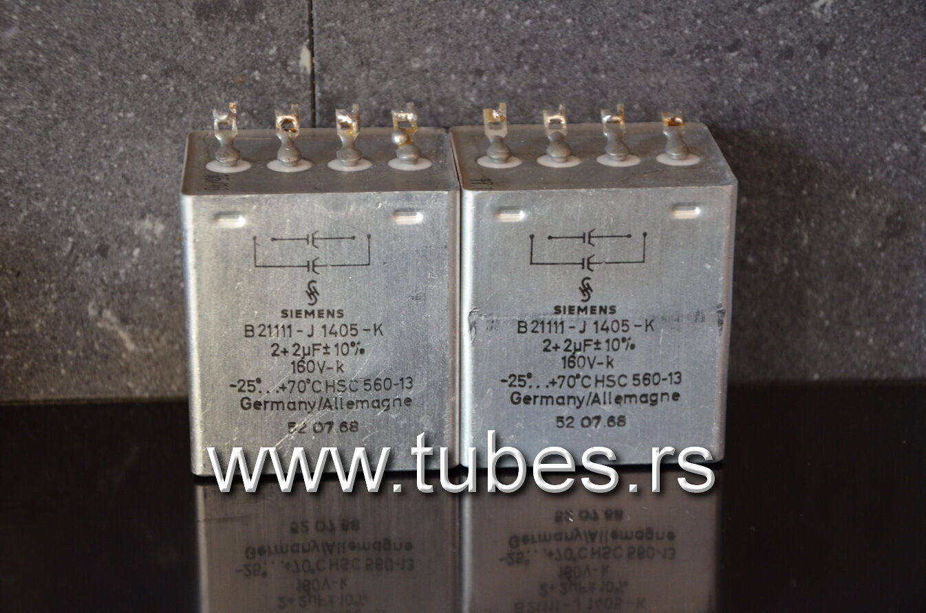 Two vintage Siemens PIO capacitors 2 + 2 uF 160V Klangfilm late 60s West Germany