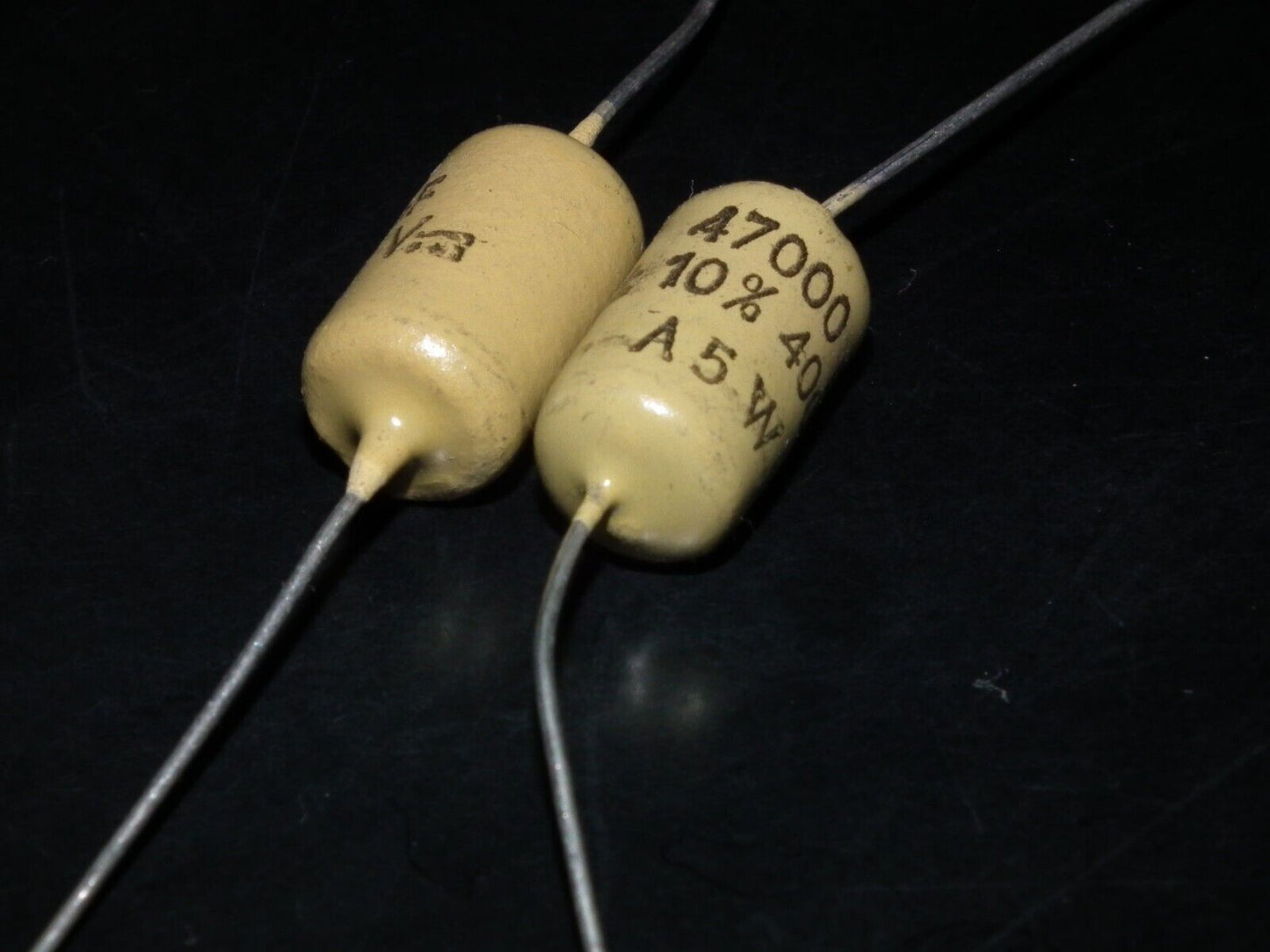 Two vintage Mullard Mustard Capacitors 0.047mfd / 400V (47nF) Marshall,Fender
