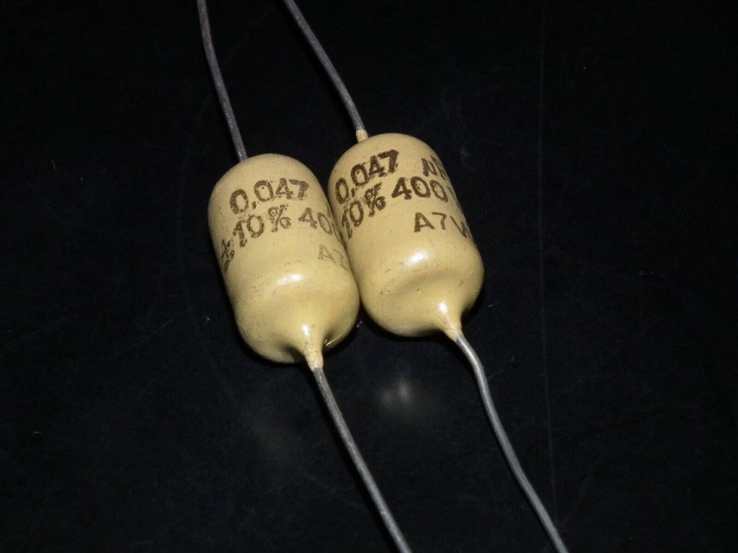 Two vintage Mullard Mustard Capacitors 0.047mfd / 400V (47nF) Marshall,Fender