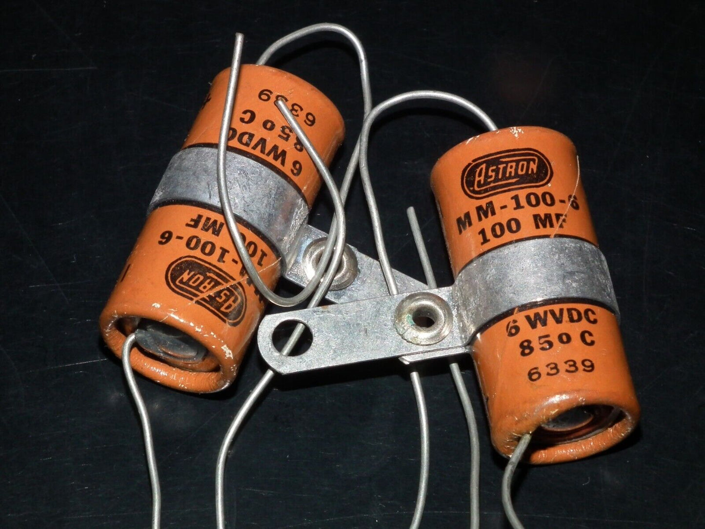 Two (2 pcs) Vintage NOS Capacitors Astron 100uF 6V