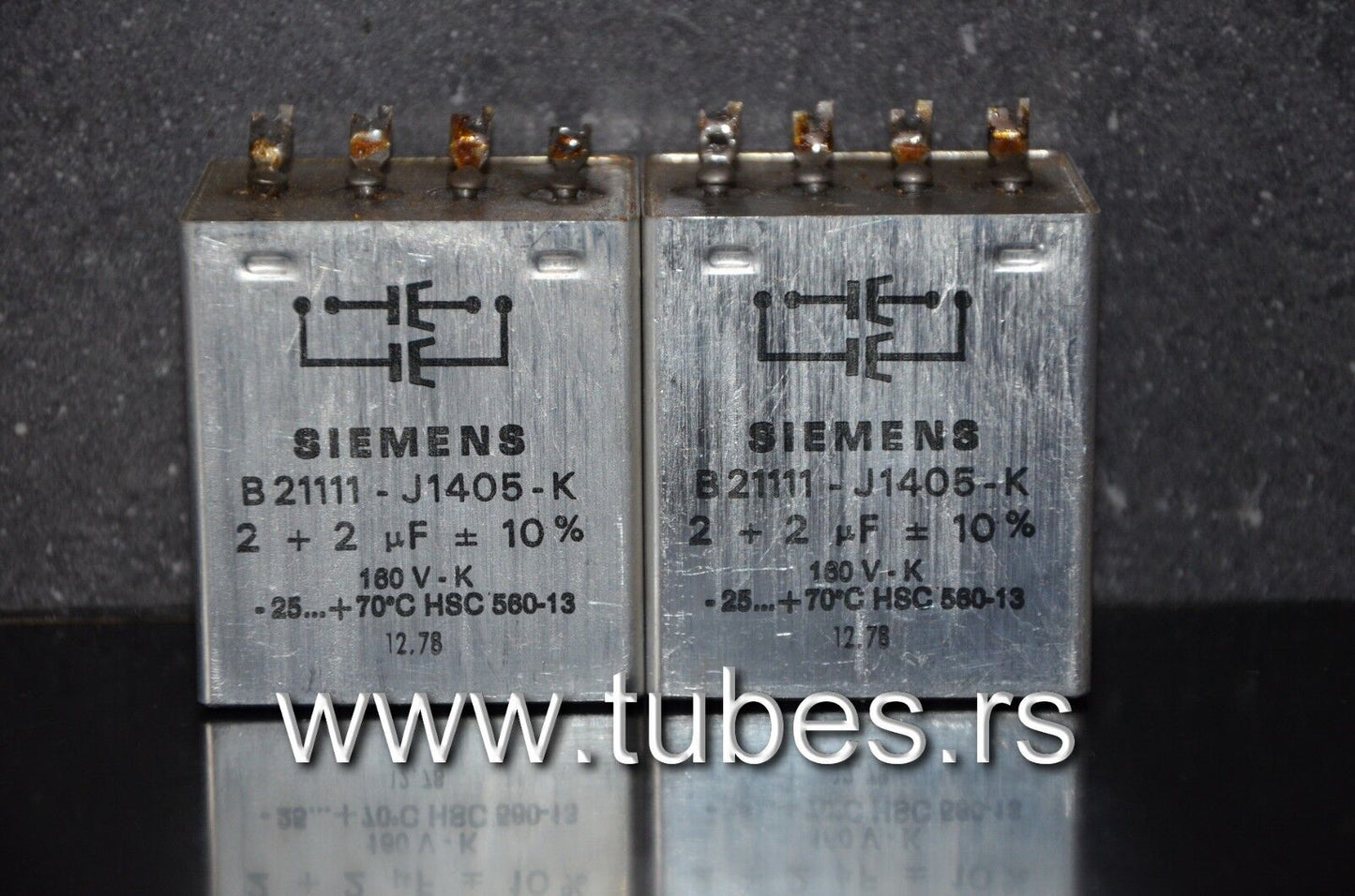Two vintage Siemens PIO capacitors 2x2 uF 160V Klangfilm Made in West Germany