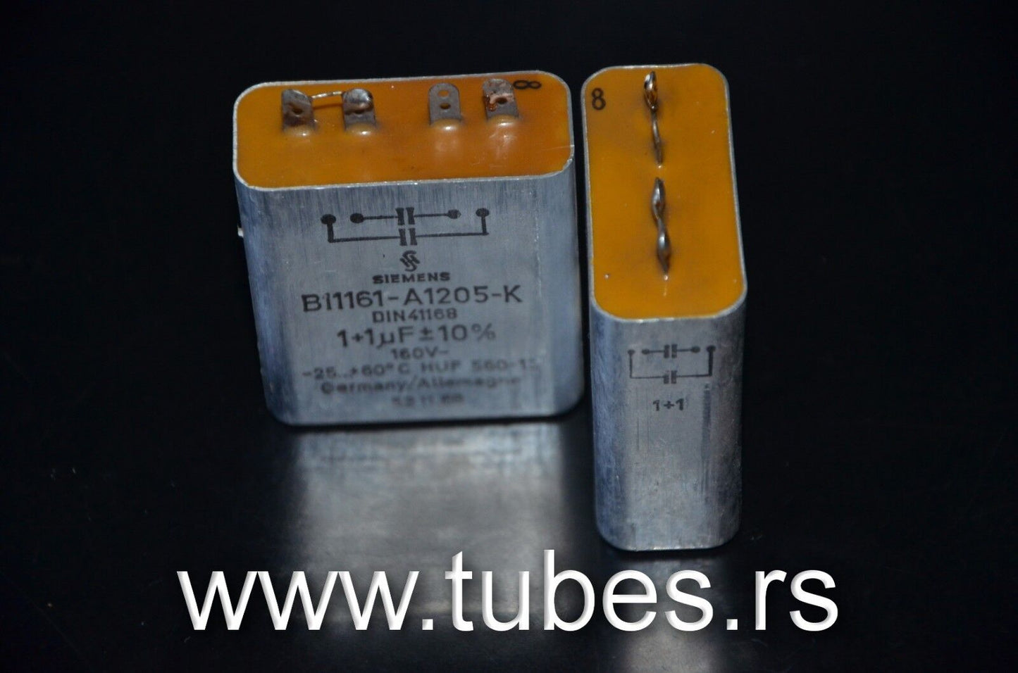 Two vintage Siemens PIO capacitors 1 uF + 1 uF 160V Klangfilm tube audio 1+1mfd