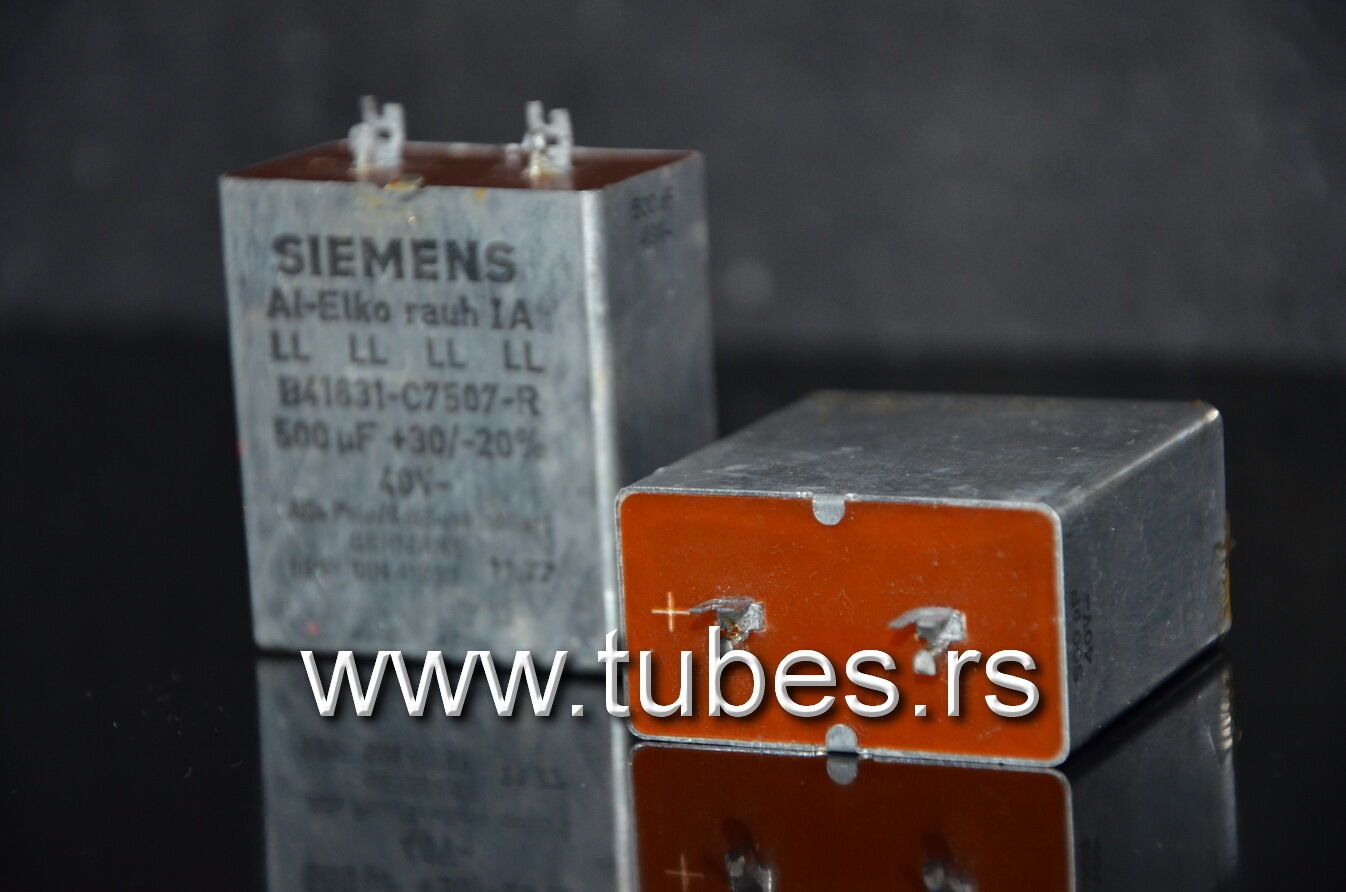 Two vintage Siemens electrolytic capacitors 500uF/35V Klangfilm Al-Elko rauh IA
