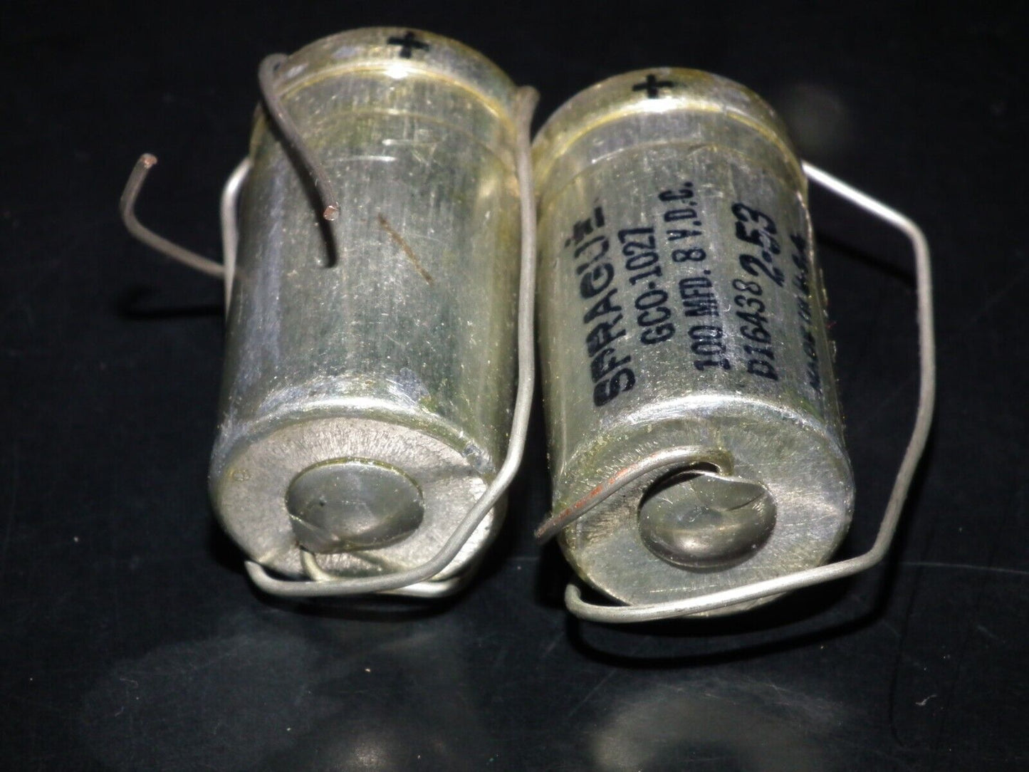 Two (2 pcs) Vintage NOS Capacitors Sprague 100uF 8V