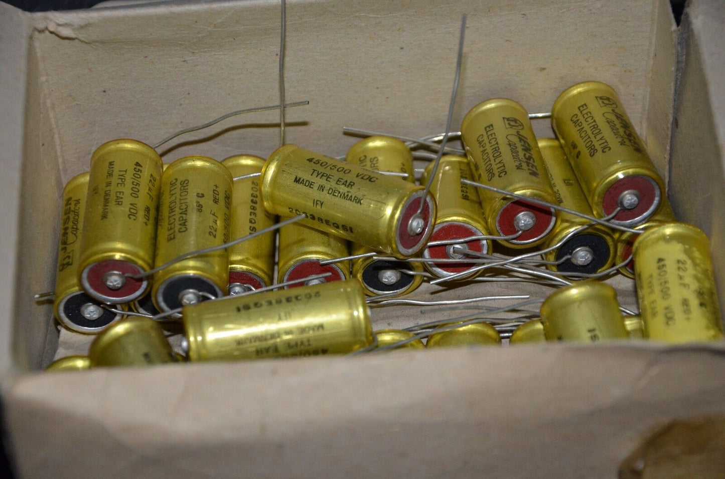 One vintage NOS Jensen electrolytic capacitors 22uF 450/500V Made in Denmark 70s