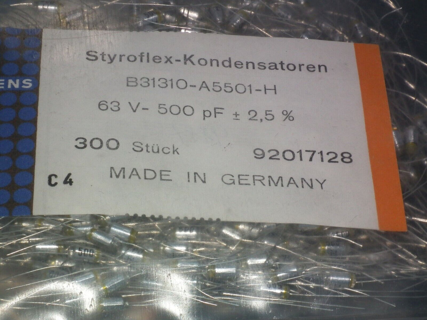 Five (5 pcs) vintage styroflex polystyrene Siemens capacitors 500 pF / 63V NOS