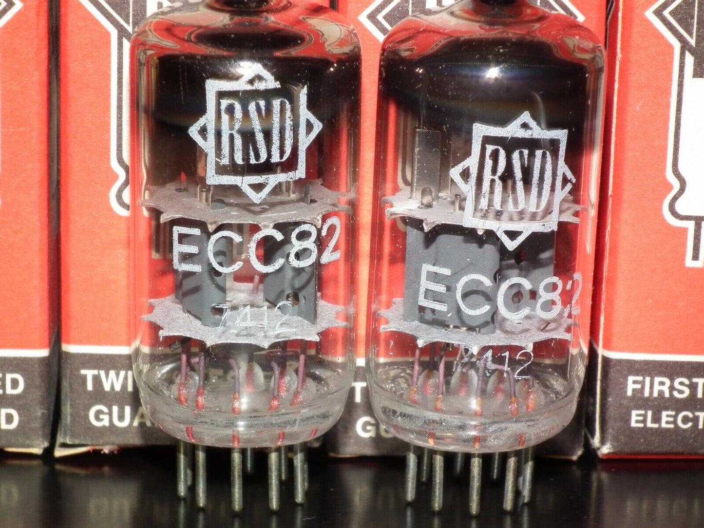 ECC82 12AU7 RFT rebranded RSD, NOS NIB Platinum Matched Pair, the same codes 70s