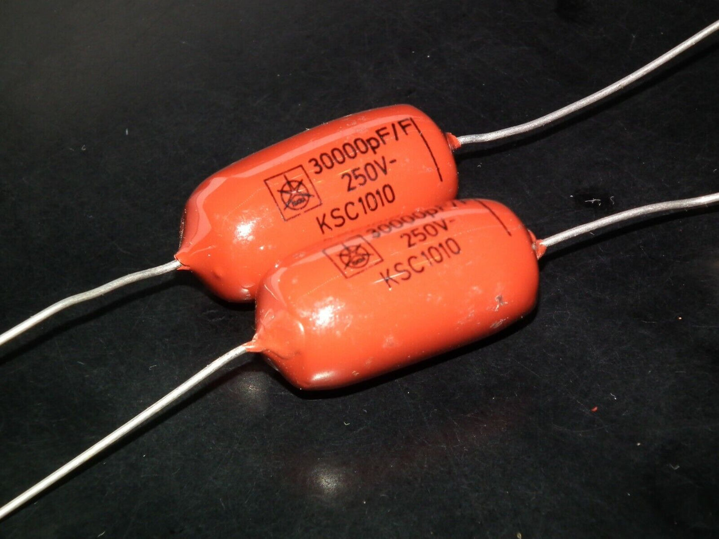 Two polystyrene capacitors 30000pF 0.03uF 250V ISKRA SIEMENS 1974 HI End Tube