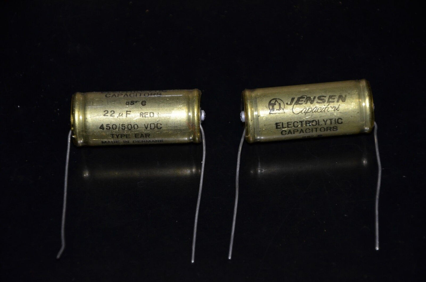 One vintage NOS Jensen electrolytic capacitors 22uF 450/500V Made in Denmark 70s