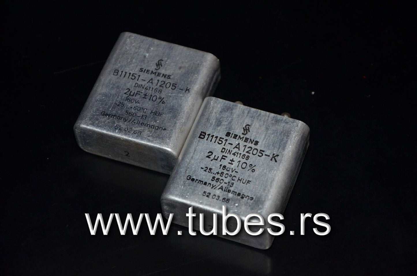 Two vintage Siemens PIO capacitors 2 uF 160V Klangfilm Made in Germany 2mfd 160V