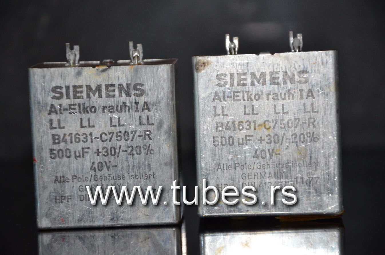 Two vintage Siemens electrolytic capacitors 500uF/35V Klangfilm Al-Elko rauh IA