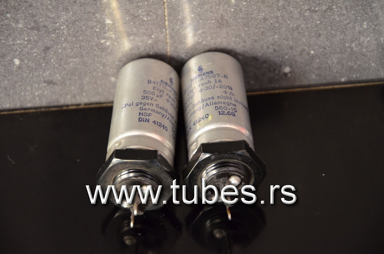Two vintage Siemens electrolytic capacitors 500uF / 35V Klangfilm West Germany