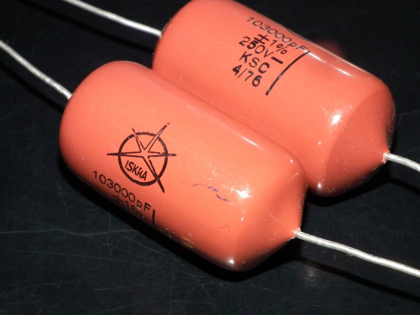 Two (2) Vintage ISKRA Polystyrene Styroflex KS Capacitors 0.1u 103nF 250V 1% 70s